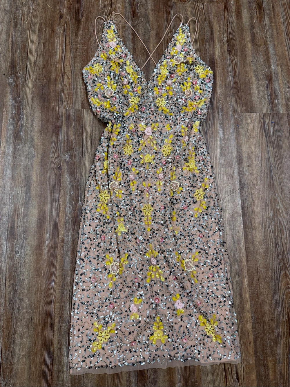 Vintage Y2K Gianni Bini sequin dress with yellow floral embroidery size 10